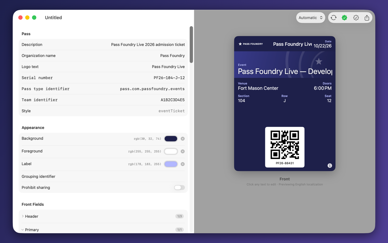 Pass Foundry on the Mac: a structured pass editor beside a live Wallet-style preview of an event ticket